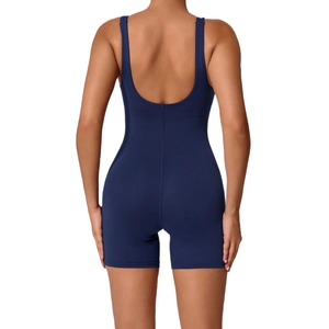 Navy blue backless one-piece yoga jumpsuit with U-shaped back and high elastic fabric