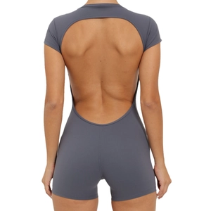 Dark grey backless yoga bodysuit with short sleeves and open circular back design