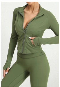 Detail view of olive green sports jacket sleeve with functional thumbhole cuff design