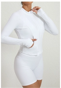 Detail of white running jacket cuff with thumbhole and high-stretch quick-dry fabric