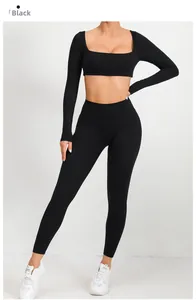 Dettagli del completo da yoga nero con top a collo quadrato e leggings sportivi