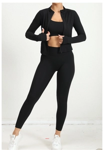 Détails de l'ensemble de yoga noir 3 pièces avec veste à passe-pouce et legging taille haute