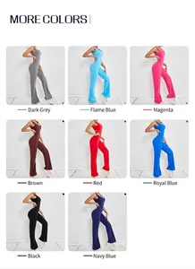 Detail view of various available colors for backless flared yoga jumpsuits with high stretch