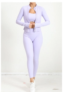 Ensemble de yoga lavande 3 pièces comprenant veste, brassière de sport et legging taille haute
