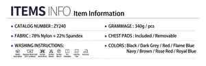 Size chart showing 78% nylon and 22% spandex fabric composition with removable pads