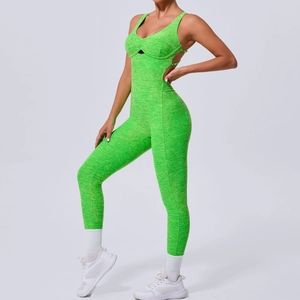 Bright green cross back yoga jumpsuit with peach lift design and stylish chest cutout