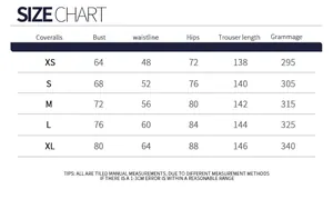 Detailed size guide table for women's cutout yoga jumpsuit with measurement parameters