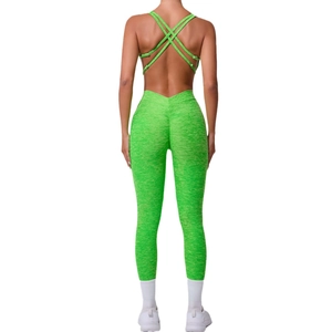 Neon green backless yoga bodysuit with crossover straps and peach lift design