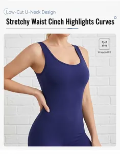 Detail showing the U-neck design and tight waist shaping of the blue compression jumpsuit