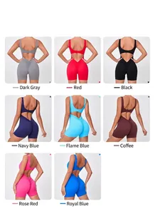 Collage of backless yoga jumpsuits in eight colors featuring flattering scrunch butt detail