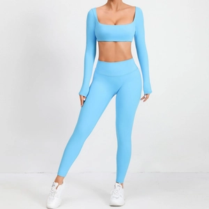 Completo Da Yoga Donna Scollo Quadrato Manica Lunga Sopra E Sotto Leggings Vita Alta Asciugatura Rapida Palestra