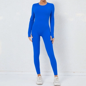 Front view of royal blue backless yoga bodysuit with long sleeves and thumbholes