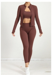 Ensemble de yoga 3 pièces marron avec legging taille haute, veste et brassière
