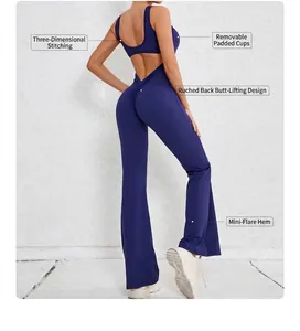 Detail view of backless yoga jumpsuit with ruched peach lift and flared leg design