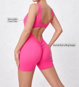 Detail of pink backless sports romper with scrunch butt design and elastic fabric