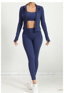 Ensemble yoga 3 pièces bleu marine avec veste zippée, passe-pouces et legging gainant