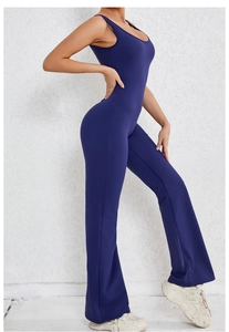 Side view of slim fit navy blue sleeveless bodysuit featuring flared yoga pants design