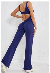 Detail of dark blue backless yoga jumpsuit with flattering ruched peach lift design