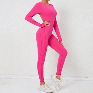 Rose pink open back long sleeve yoga bodysuit with thumb holes for high-impact fitness