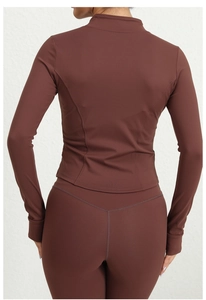 Detail view of the slim-fit back design and stitching on coffee brown sports jacket