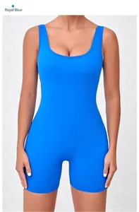 Close-up of a royal blue one-piece yoga romper featuring a round neck and slim fit