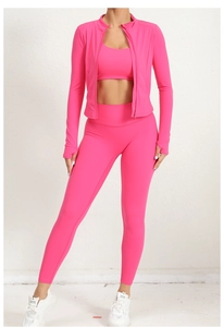 Ensemble de yoga rose 3 pièces avec veste zippée, brassière et legging taille haute