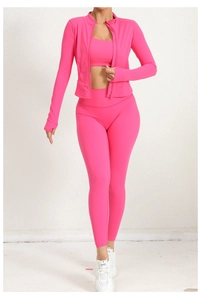 Ensemble de yoga 3 pièces rose fushia avec veste zippée, passe-pouces et legging gainant