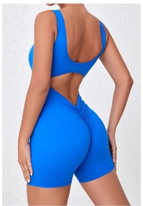 Close-up of electric blue bodysuit with back cutout and scrunch butt lifting detail