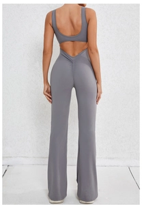 Macro detail of grey backless jumpsuit with scrunch butt lift and flared yoga pants