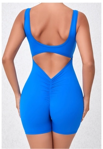 Detail of royal blue yoga bodysuit showing V-shaped back seam and scrunch butt lifting effect