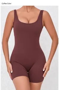 Front view of coffee brown sleeveless yoga bodysuit with high elastic fabric