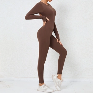 Side view of backless yoga bodysuit in dark brown showing high-stretch fabric and seams