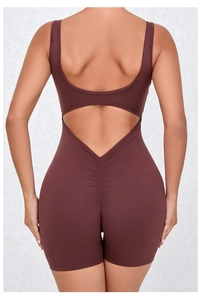 Detail of deep V backless bodysuit showing the scrunch butt and dark brown fabric texture