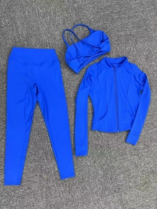 Ensemble de yoga bleu vif avec legging taille haute, brassière et veste zippée