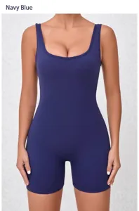 Close-up of navy blue quick-dry athletic bodysuit featuring a scoop neck and slim fit cut