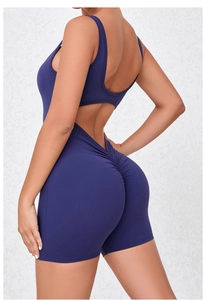 Macro detail of high-waist scrunch butt design on purple backless yoga bodysuit