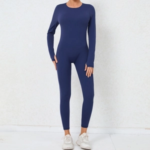 Front view of deep blue long sleeve yoga bodysuit with thumb holes and slim fit design