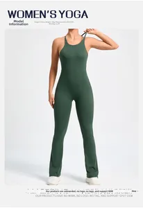 Front view of deep green backless yoga jumpsuit with adjustable straps and flared legs