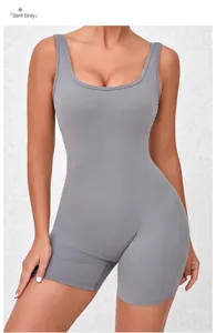 Detailed front view of women's dark gray tight yoga romper with U-neck and sleeveless design