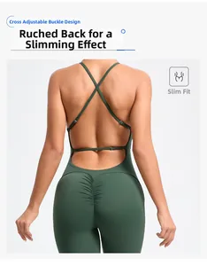 Close-up of ruched back detail and adjustable cross straps on dark green yoga bodysuit