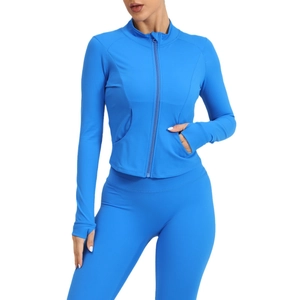 Women's royal blue slim fit sports jacket and leggings set for yoga and running