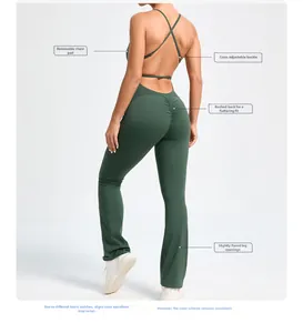 Detailed back view of a dark green backless yoga bodysuit with adjustable cross straps