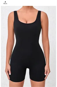 Front view of a sleek black one-piece yoga bodysuit with high-quality athletic cut
