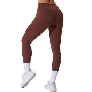 Pantalon de yoga marron foncé à taille haute en tissu extensible pour sport et gym