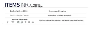 Detail specifications of yoga jumpsuit showing 78% nylon 22% spandex fabric and removable pads