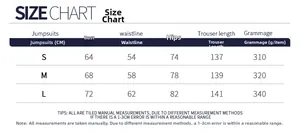 Detailed size chart for flare yoga jumpsuit showing S, M, L bust, waist and hip measurements