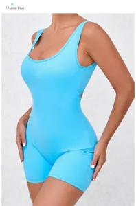 Detail of flame blue sleeveless yoga bodysuit with side waist cut-out and U-neck design