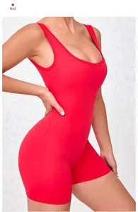 Side view of red quick-dry athletic bodysuit featuring U-neck and sleeveless design