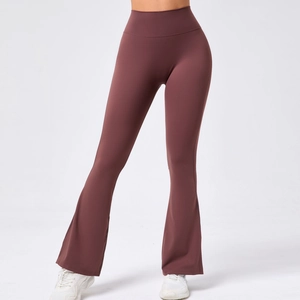 Pantalon de yoga évasé marron à taille haute avec ceinture large et coupe compressive