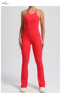 Detail view of red high-elasticity sleeveless yoga jumpsuit with flared legs and backless design